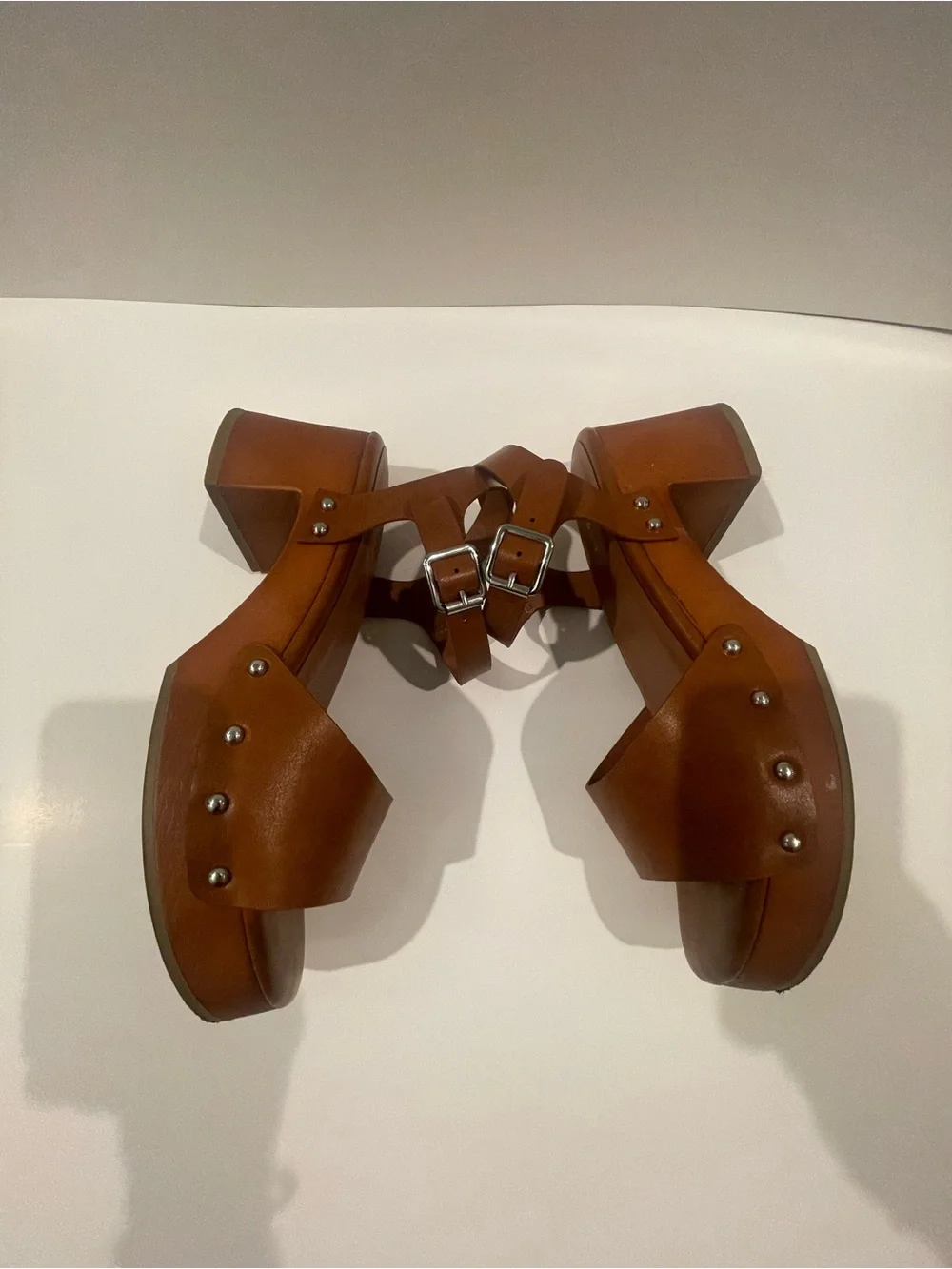 BAMBOO Tan Brown Studded Block Heel Sandals